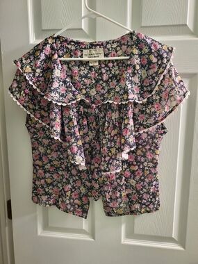 Navy Floral Ruffle Cap-Sleeve Blouse with Pink Flowers